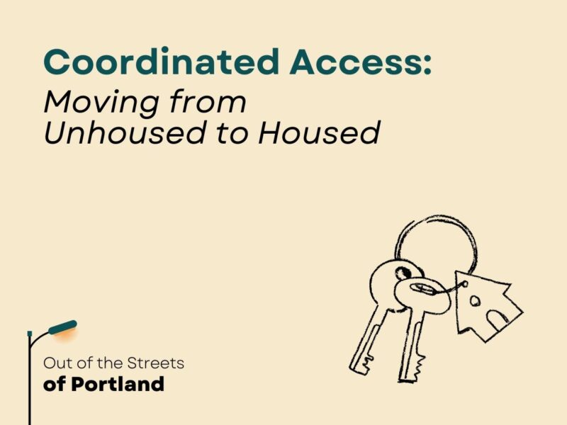 Tan background. 

OOTSOP logo in bottom left. Key ring with keys and a house on bottom right.

Text:
Coordinated Access: Moving from Unhoused to Housed.