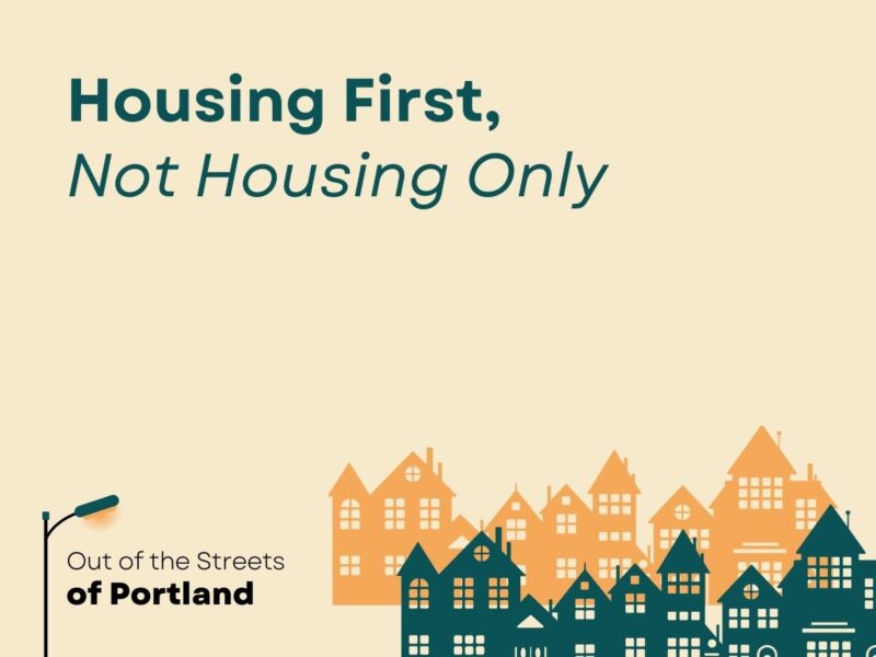 Tan background. OOTSOP logo in bottom left. Graphic of houses in orange and green in bottom right. Text: Housing First, Not Housing Only.