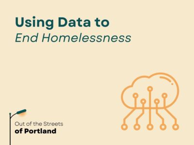 Tan background. OOTSOP logo in bottom left. Graphic of data cloud in orange on bottom right. Text: Using Data to End Homelessness