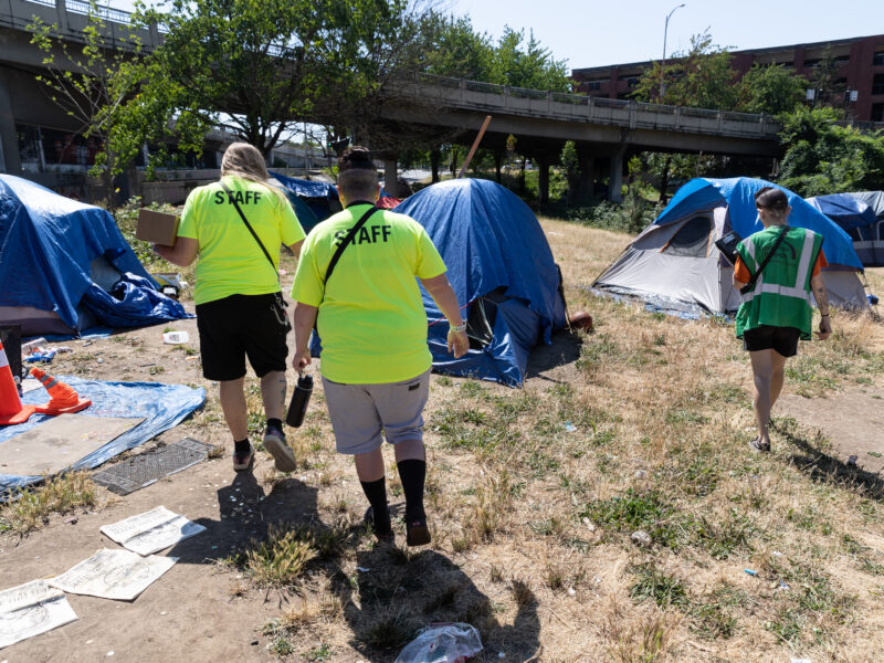 Workers in yellow shirts walk through campsite in grassy area.