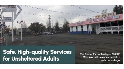 Safe, high-quality services for unsheltered adults. Photo of empty dealership lot.