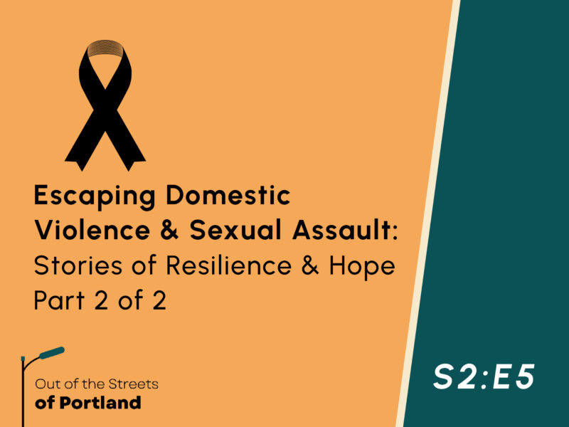 Orange background on left and green background on right separated by a beige trim divider. Black graphic of a ribbon. Text: Escaping Domestic Violence & Sexual Assault: Stories of Resilience and Hope. Part 2 of 2. Season 2, Episode 5.