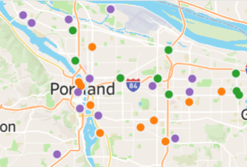 Shelter map - shows part of the city of Portland with dots of different colors representing shelters